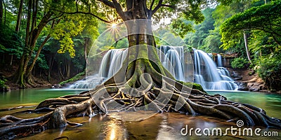 Tree with roots tangled around cascading waterfall Stock Photo